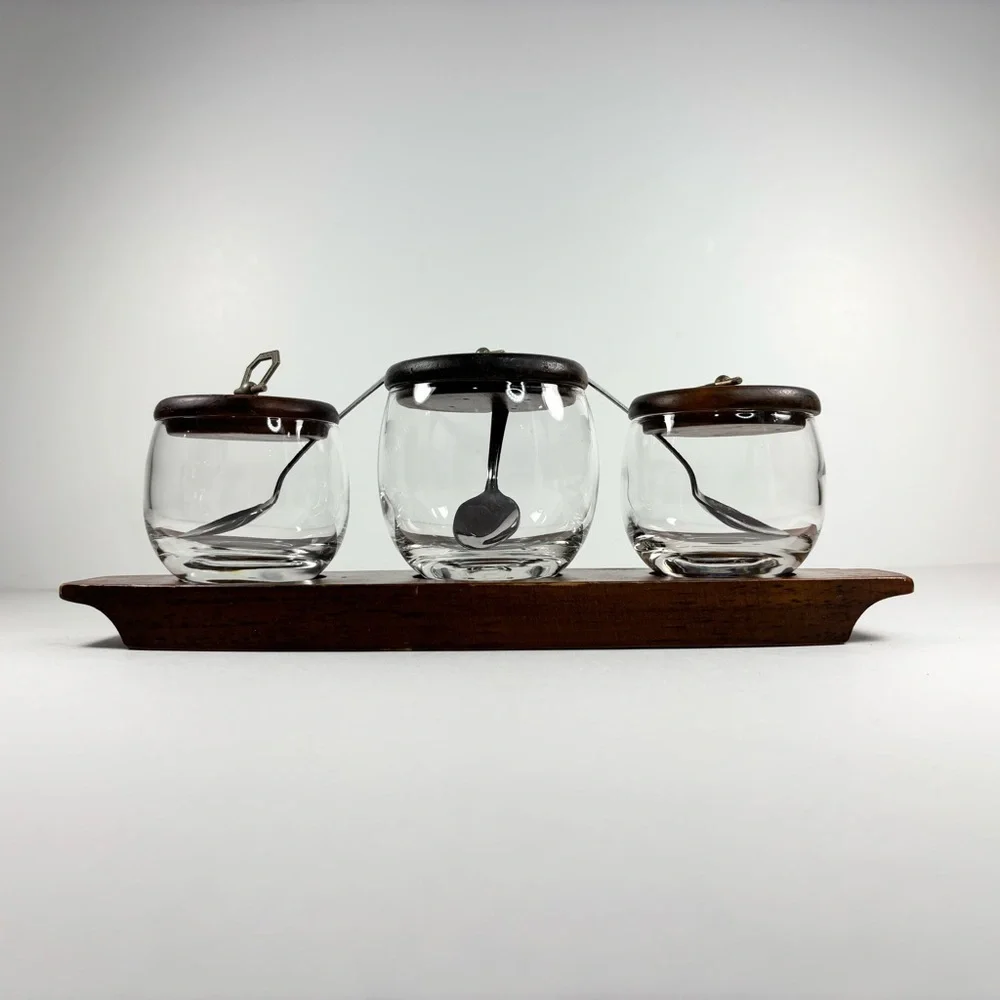 Vintage Glass Spice Jars with Wooden Lids Spoons Tray‎ Three jars